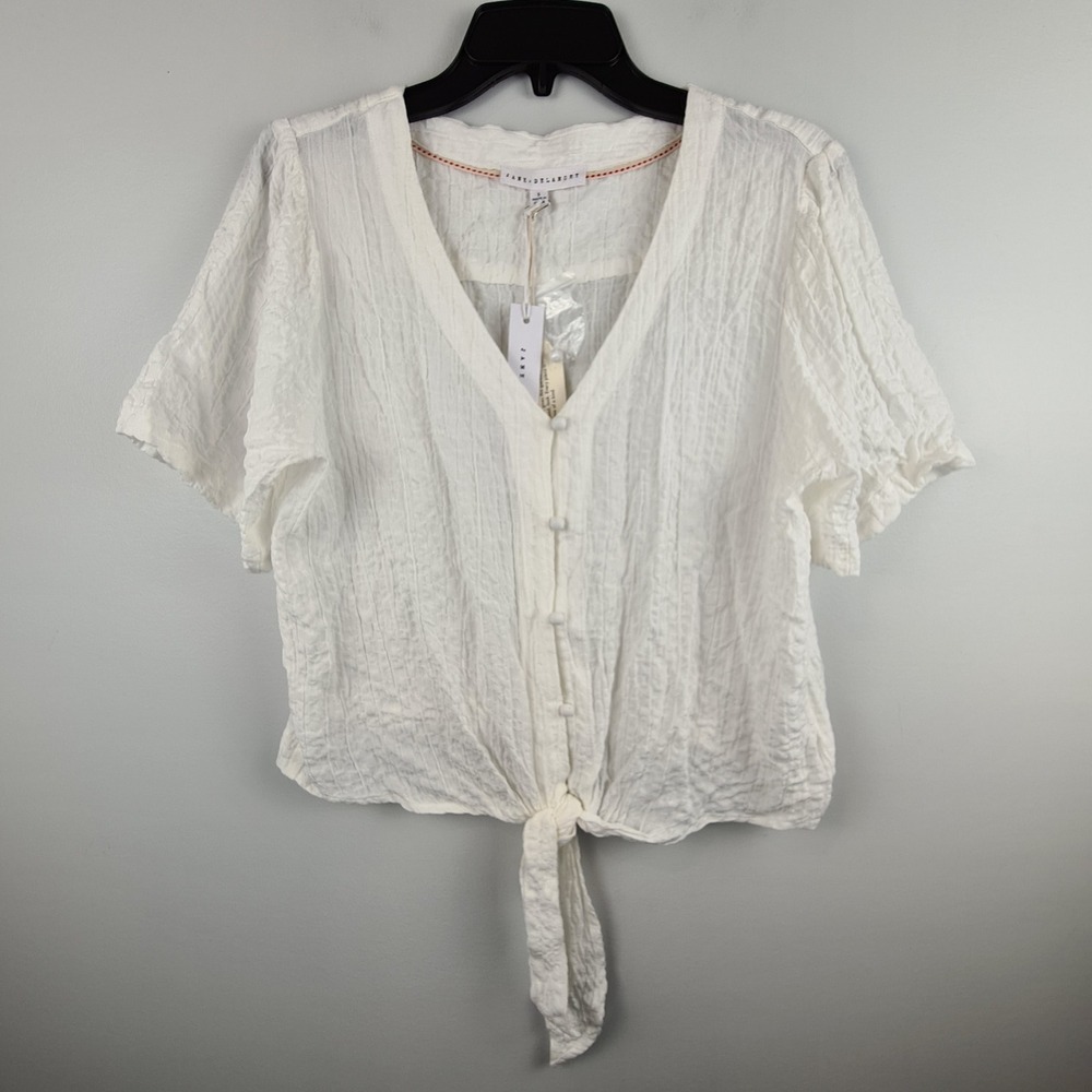Jane + Delancey White Crinkle Button Front Tie Hem Blouse Short Sleeve Small NEW